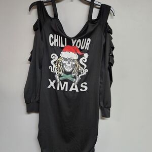 Black Cold Shoulder Christmas Naughty  Chill Your Xmas Small Long Sleeve Dress